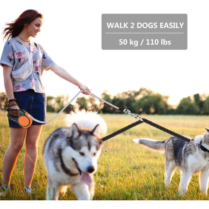 Висувна собача повідка для малих порід (до 50 кг) – подвійний колір, 4.8 м, з мішками для екскрементів, відбиваюче тросик, управління ключем, 360°, оранжево-червоний візерунок 