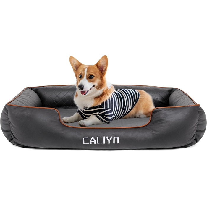 Ортопедичне ліжко для собак Caliyo, великі породи – килимок для собак з екошкіри, водонепроникний та пральний, з піною з пам'яті, диван для собак з 4 бортиками, розмір 127x97x18 см, чорний