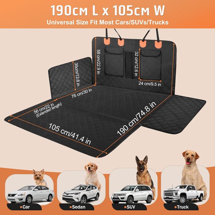 Накидка для собак у машину Gimars, 157x137 см, водовідштовхувальна, стійка до подряпин, універсальна, з передньою панеллю та оглядовим вікном, чорний & оранжевий, килимок у багажник