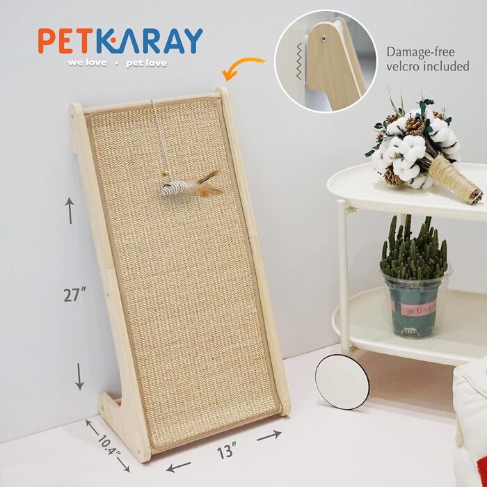 Когтеточка для котів PETKARAY, L-подібна, 68 см, сизаль, захист меблів, з іграшкою-мишкою