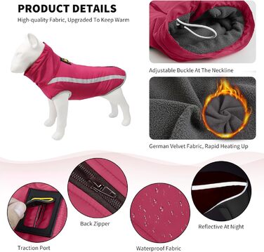 Водонепроникний теплий зимовий одяг для собак середніх та великих порід PETCUTE (3XL, обхват грудей 67 см, обхват спини 50 см) Рожевий