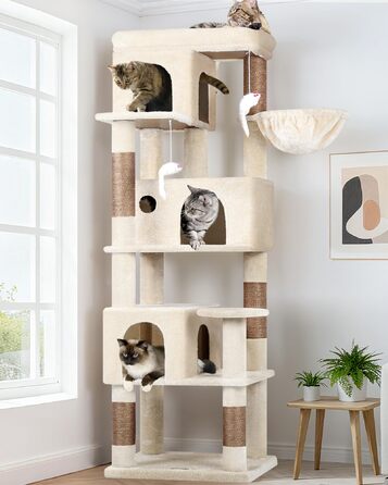 Дерев'яний комплекс для котів Globlazer з 3 будиночками, 5 сизалевими стовпчиками, платформою та іграшками, 168 см, бежевий