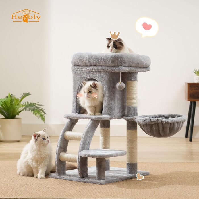 Кігтеточка Heybly Kratzbaum 75 см: кігтеточка-вежа з платформою, будиночком, гамаком, драбиною та іграшками для котів, сірий колір, HCT009SM