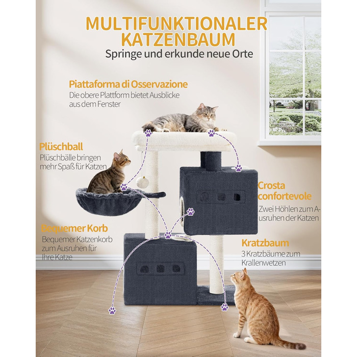 Дерево для котів Hzuaneri, 75 см, зі стійкою конструкцією, великою лежанкою, котячою печеркою, сизалевими стовпчиками, кошиком та іграшками, сірий колір