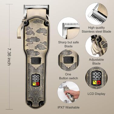 Електрична машинка для стрижки волосся Hatteker Profi: триммер для бороди, тіла та довгого волосся, водонепроникна (Бронза 2)