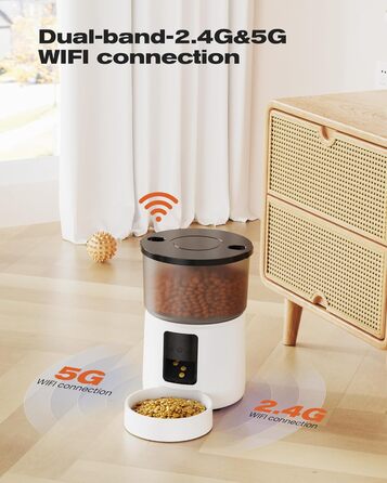 Автоматична годівниця для котів з WiFi (5G/2.4G), керування через додаток, дистанційне годування, 1-10 порцій на день, функція запису голосу, подвійне живлення, 3 л, біла