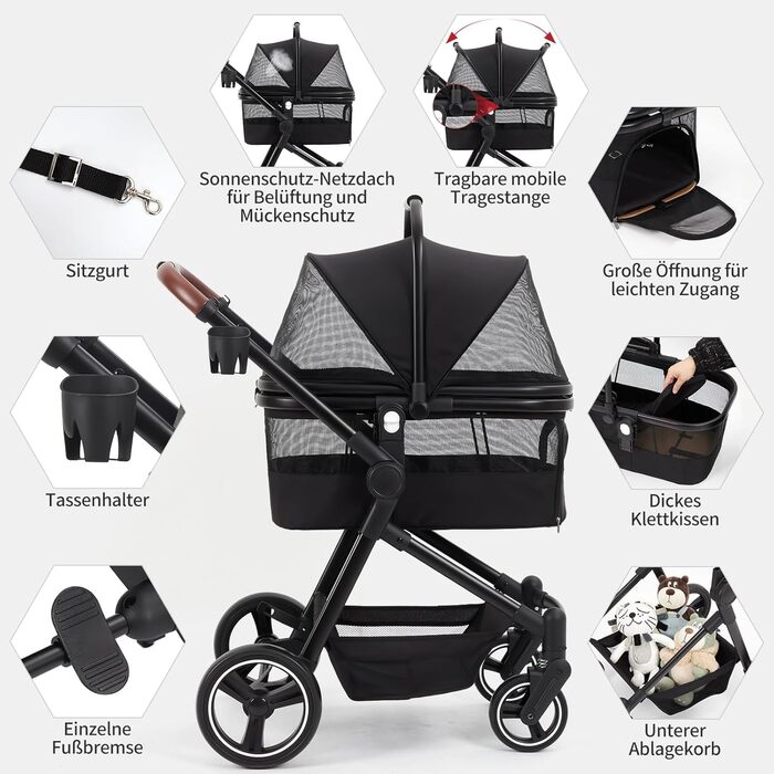 Складаний візок для собак та візок-буги для тварин до 15 кг, одноярусний, з повідцями безпеки, сітковими вікнами та місцем для зберігання, ідеальний для подорожей та прогулянок, чорний