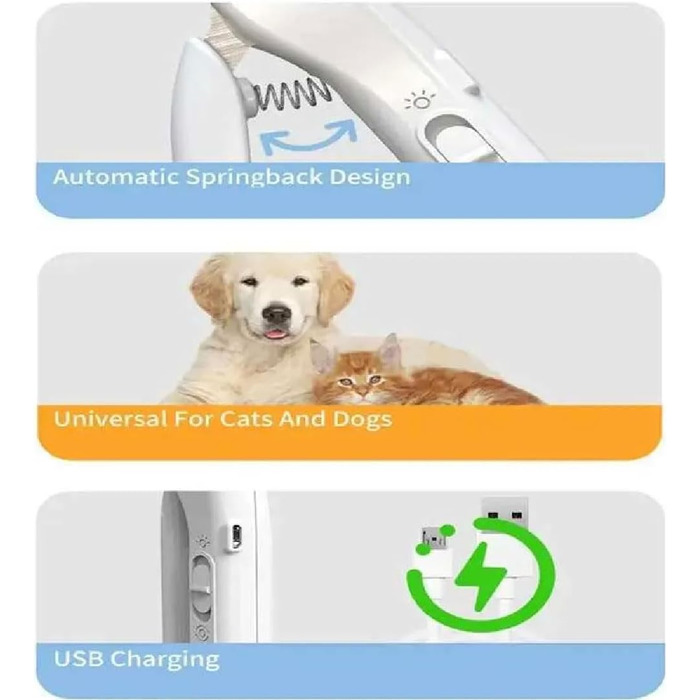 Полірувач нігтів для тварин 2-в-1 з LED-підсвічуванням, триммер для собак та котів, USB-зарядка
