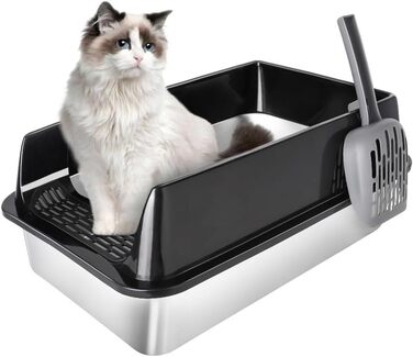 Котлочистка для котів з нержавіючої сталі, велика, для великих котів та кошенят, відкрита, легко чиститься, антипригарна поверхня, чорна (50x35x24 см)