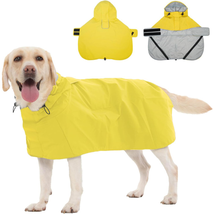Водонепроникний дощовик для собак з капюшоном, світловідбиваючі елементи, регульований, тепла куртка для собак з петлями для ніг та отвором для повідка, для малих, середніх та великих собак (XL, жовтий)
