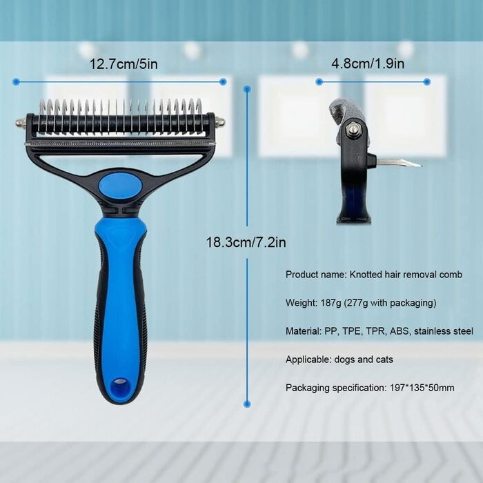 Професійна щітка для підшерстка собак та котів, безболісний догляд, видаляє пух, ковтуни, ідеальна для коротко- та довгошерстих порід (блакитна)