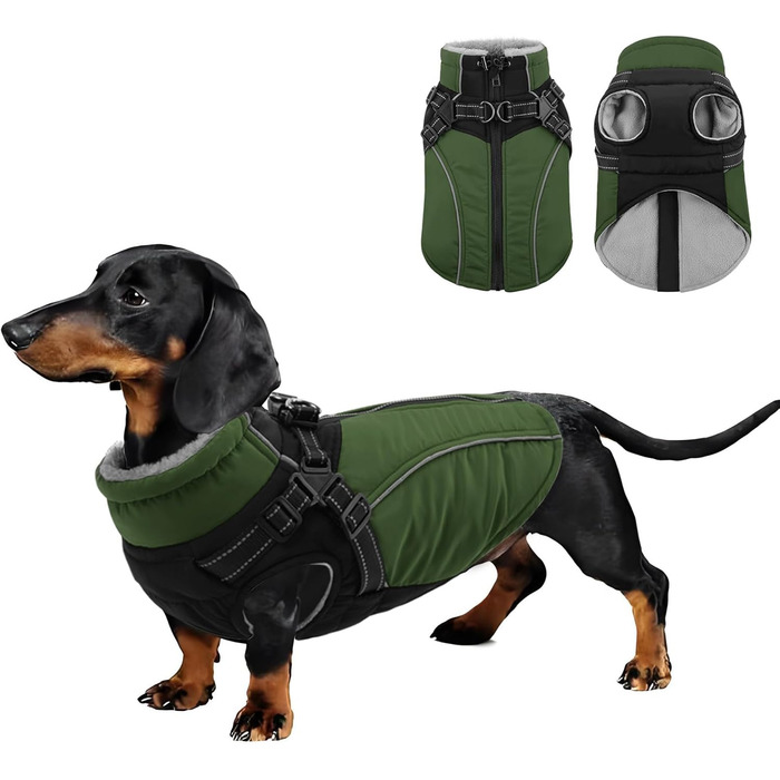 Зимовий теплий одяг для собак Konvinit: куртка з флісу з кріпленням для повідка, світловідбиваюча, для середніх собак, розмір M (53 см обхват грудей), колір зелений