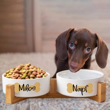 Керамічний двомісний набір мисок з іменем для собак та котів 'Кістка' - персоналізований набір мисок з/без підставки | Миска для собак, годівниця, миска для котів | Годівниця (2x500мл, стійка)