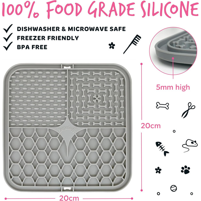 Килимок для лизання для собак та котів Bugalugs, 20 см, сірий, харчовий BPA-free