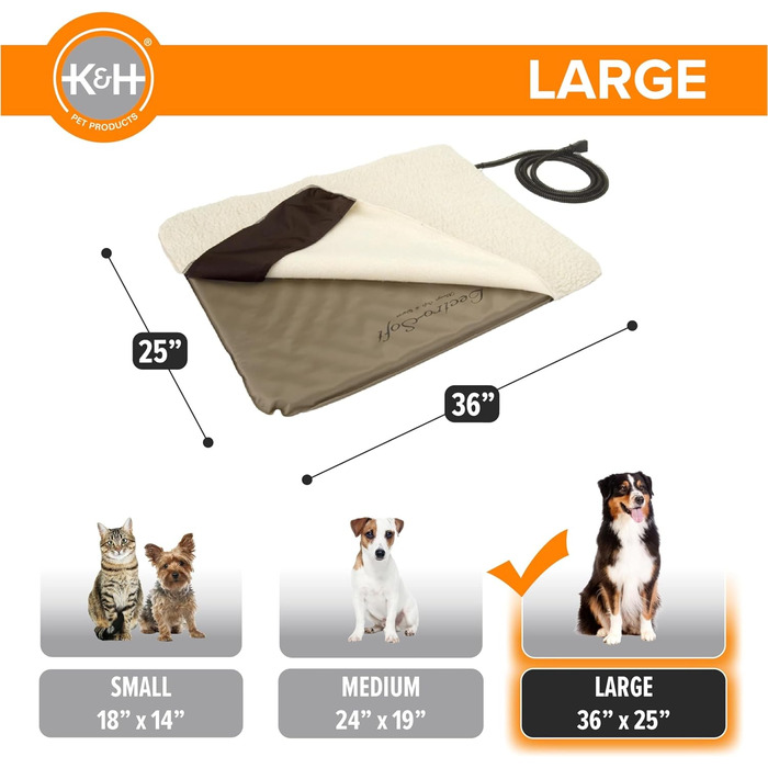 K&H Pet Products Лектро-Софт ортопедичне підігрівне ліжко для великих собак або кількох котів, безпечне, водонепроникне, м'яке, гнучке, знімний чохол, розмір L 91,4 см