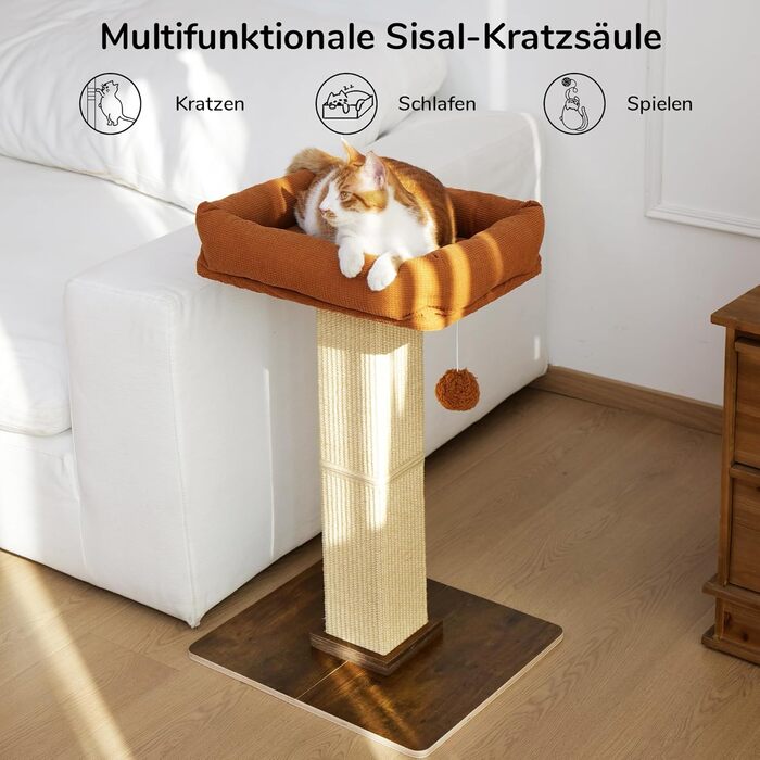 Високий котячий будиночок FUKUMARU з платформою 46x36 см, з натурального сизалю та масивного дерева. XL