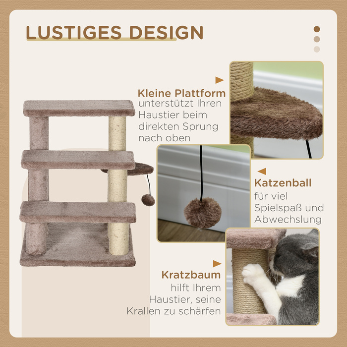 PawHut Cat Stairs Сходи для домашніх тварин для котів та собак 3 сходинки з кігтеточками Play Ball Plush Brown 45x40x48см для більшого комфорту
