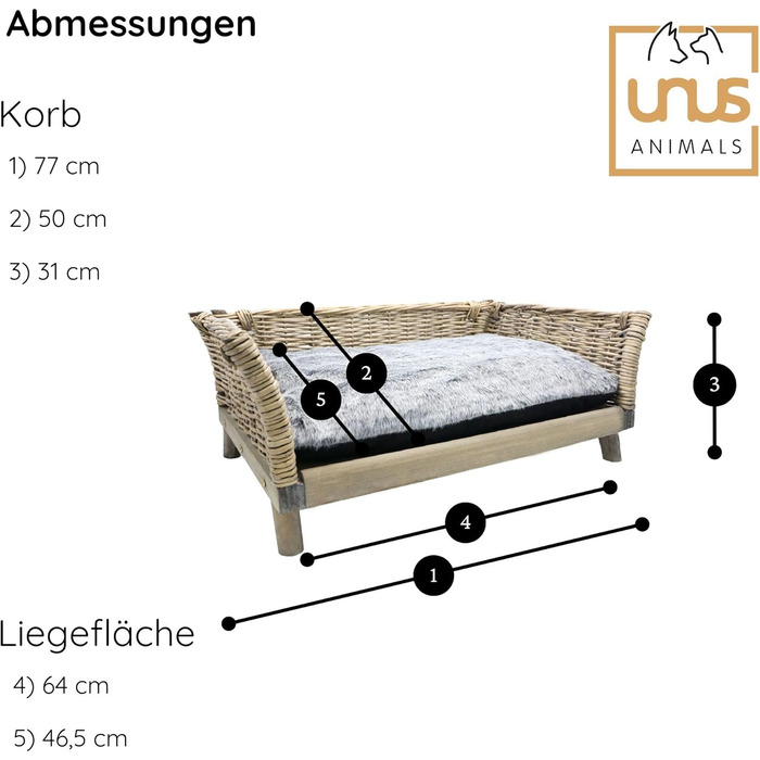 Собаче ліжко UNUS з ротангу, кутовий диван для собак L 80 x W 50 x H 30 см, знімний поліестерний подушка, підходить для всіх порід собак