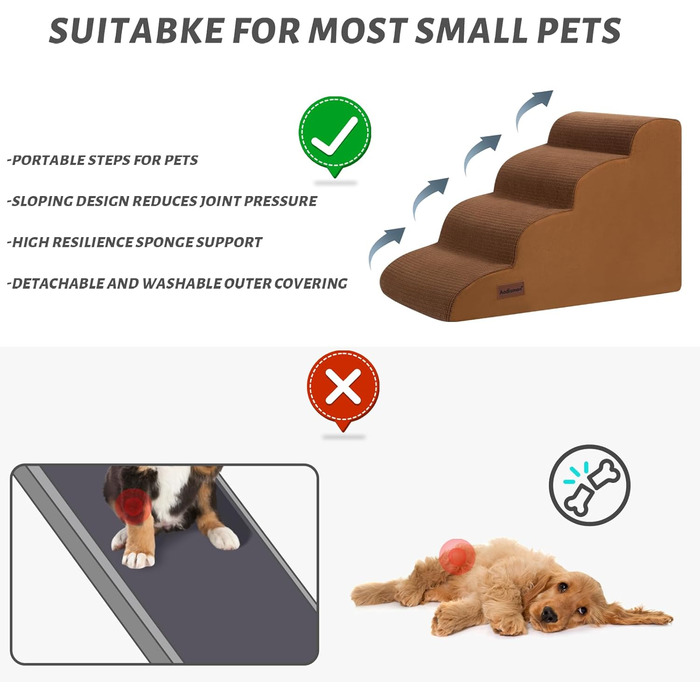 Сходинка для собак та котів на 4 сходинки, коричнева, 40 см. Стабільна, з антиковзким покриттям.
