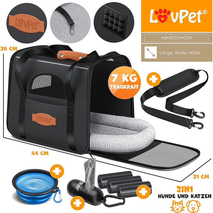 LOVPET® Сумка-переноска для собак і котів 2-в-1, транспортна коробка з подушкою, 3 рулони пакетів і миска, 44×31×36 см, сумка для перевезення домашніх тварин