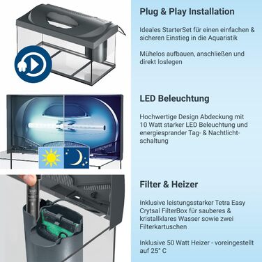 Акваріум Tetra Starter Line 54 л комплект: LED підсвітка день/ніч, внутрішній фільтр, обігрівач, корм для риб та кондиціонер для води