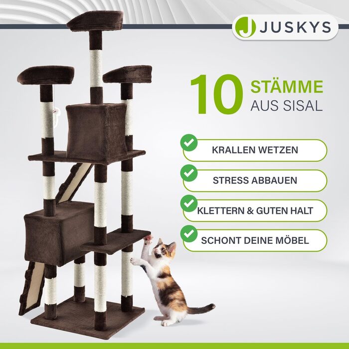 Дряпка для котів Juskys XXL Amy, 170 см, з будиночками, лежанками, драбинами і стовпами з сизалю, коричнева