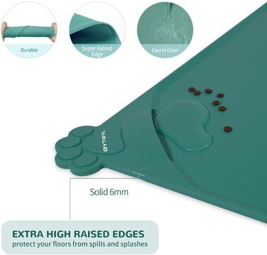 Водонепроникний килимок для годівлі домашніх тварин з високими бортиками, 55 x 38 см, силіконовий, нековзний, для собак та котів, запобігає розливанню води (зелений, 48 x 30 см)