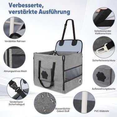 Автокрісло для собак 44x40x40 см – міцне автокрісло з ременем безпеки та сіткою – складний собачий кошик для заднього сидіння авто для маленьких та середніх собак, водонепроникне та зручне