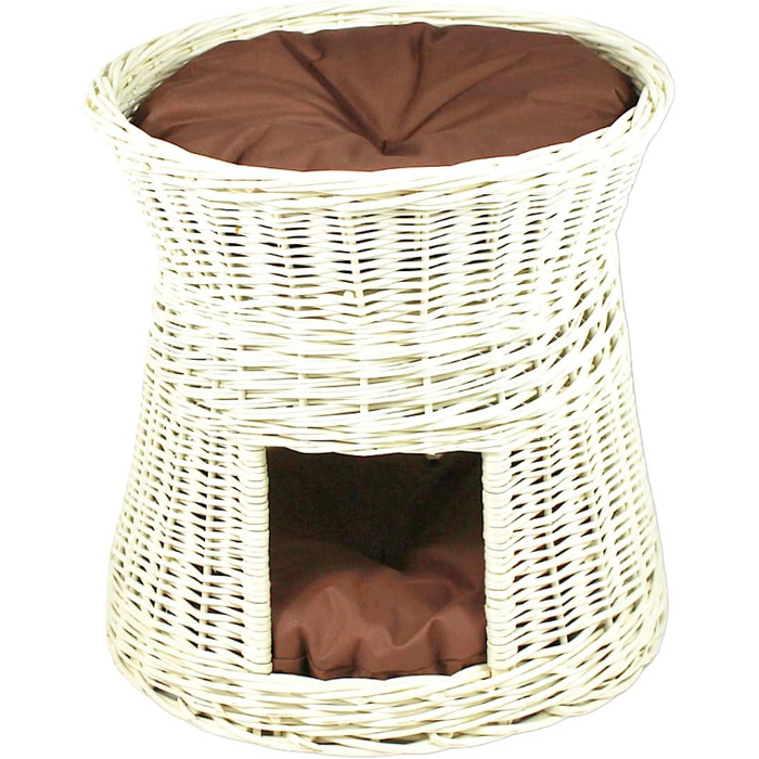 Кігтеточка-будиночок для котів: двоярусне ліжко з плетіння з лози, діаметр 50 см, з подушкою, білий колір