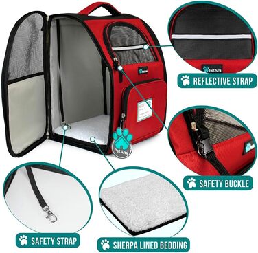 Рюкзак для котів та собак PetAmi - червоний, 41x26x32 см, вентильований, для подорожей, безпечний