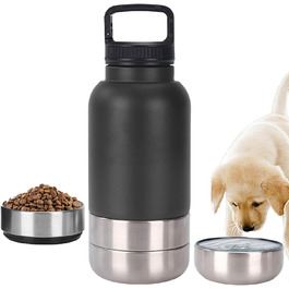Портативна пляшка для собак з мисками для води та корму, 3-в-1, ізольована сталева пляшка для подорожей, прогулянок, походів (чорна)