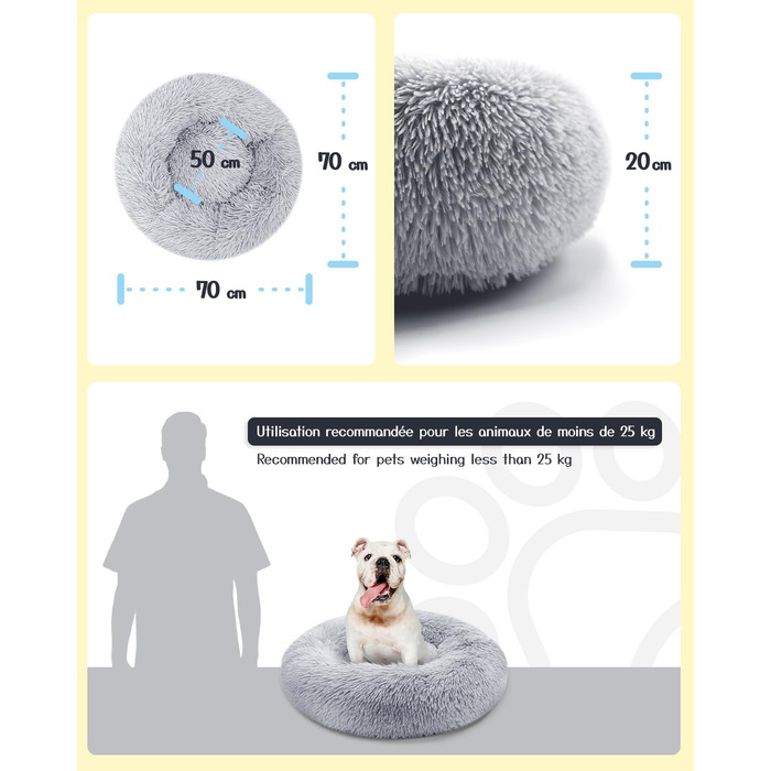 Кругле ліжко для собак та котів, діаметр 60 см, висота 15 см – м'яке, знімний подушка, антиковзаюча підставка, можна прати – сірий колір