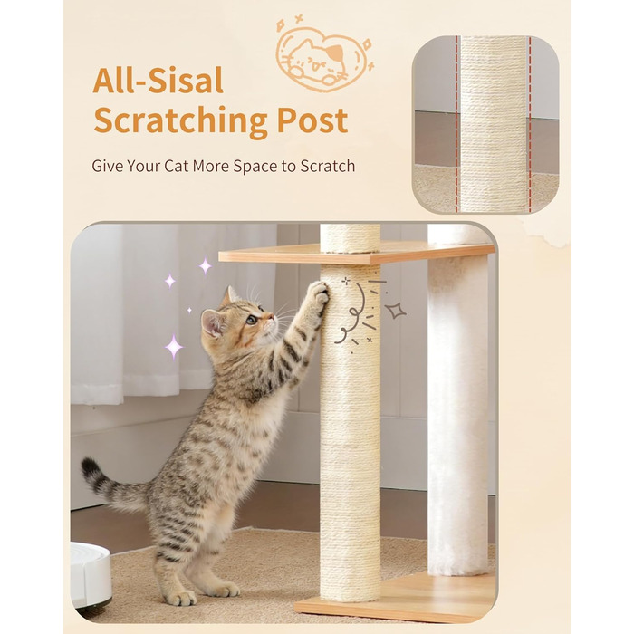 Дерев'яний котячий комплекс Heybly Kratzbaum HCT121WB: 179 см, платформа, будиночок, гамак, сизаль, стабільний, легка збірка