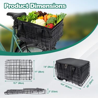 Задній знімний кошик для велосипеда, металевий складний багажник, вантажопідйомність 22 кг, кошик для перевезення тварин та продуктів, з внутрішньою кишенею, універсальний тримач для велосипедів та електровелосипедів
