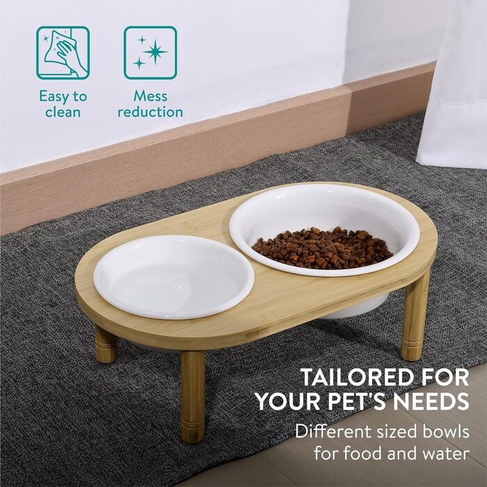 Підвищена годівниця для собак Navaris - 350 & 650 мл - керамічна миска на бамбуковому підставці, для води та корму, миється в посудомийній машині, сумісна з мікрохвильовою піччю, стиль 2