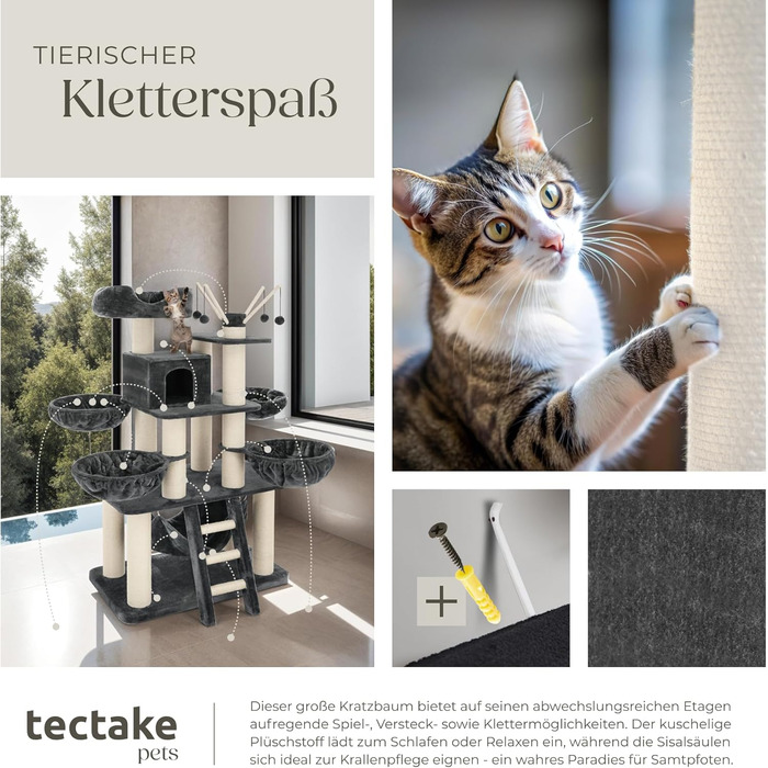 Дерев'яний комплекс для котів Tectake XXL, 195 см, з гамаком, сходами, печерею та когтеточками з сизалю, сірий/білий | 403327