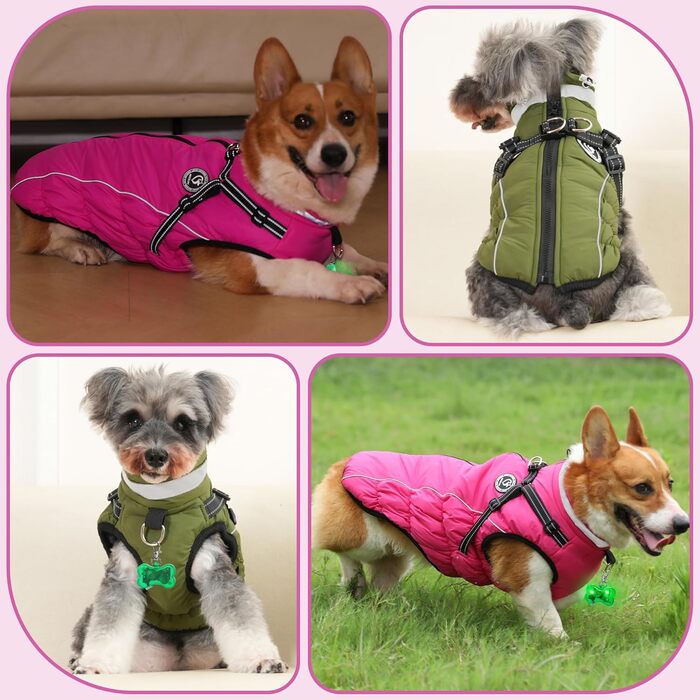 Зимовий одяг для собак, теплий водонепроникний одяг для собак з шлейкою, світловідбиваючі смуги, LED-ошийник, зимові куртки та одяг для маленьких та середніх собак, рожевий, розмір S