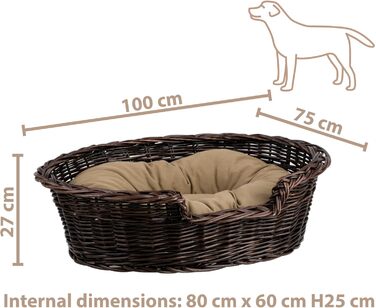 Корзина для собак та котів з плетеної лози e-wicker24 – зручне ліжко для тварин (100 x 70 см, темно-коричневий)