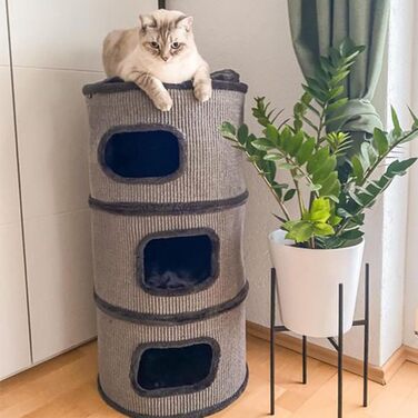 Когтеточка-вігвам CanadianCat Tony 90 см, ігрова тумба для котів, 3 будиночки, сизаль, плюш, темно-сіра