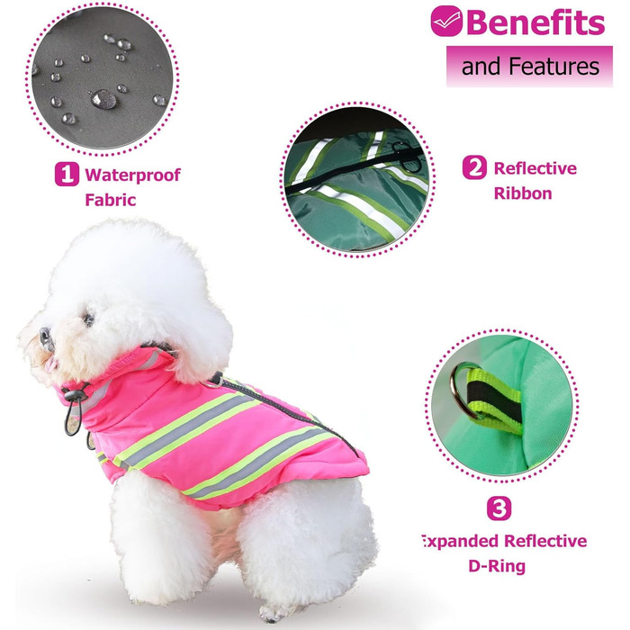 Зимовий теплий одяг для собак: куртка, жилет, плащ. Водонепроникний, вітронепроникний, з відбиваючими елементами. Рожевий колір. Підходить для малих, середніх та великих собак.