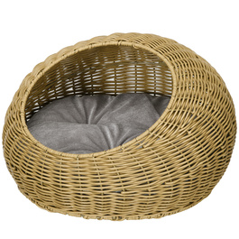 PawHut Rattan Cat Basket Cat House з подушкою для котів до 4 кг, кімнатна котяча печера з поліетиленового ротанга, Ø50 x 31 см, світло-коричневий для затишного відпочинку