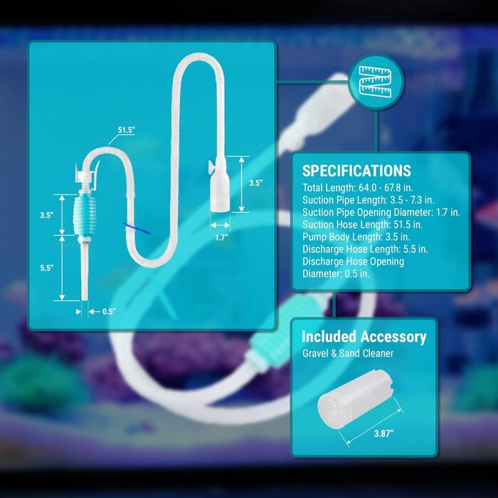 Великий сифон для акваріума TERA PUMP, 1,5 GPM, 2 шт., BPA-free, з дренажною та фільтраційною насадкою, фіксатором і присоскою, для акваріумів 10-20 галонів