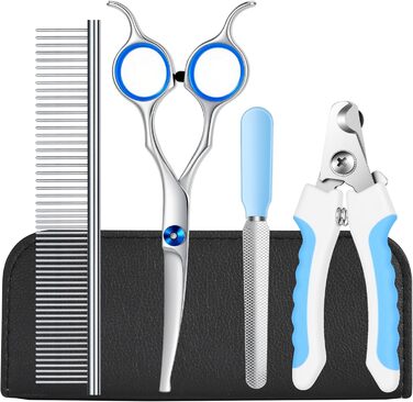 Набір професійних ножиць для грумінгу собак та котів, 4 шт. з безпечними закругленими кінцями, сталевий гребінець, шкіряний чохол