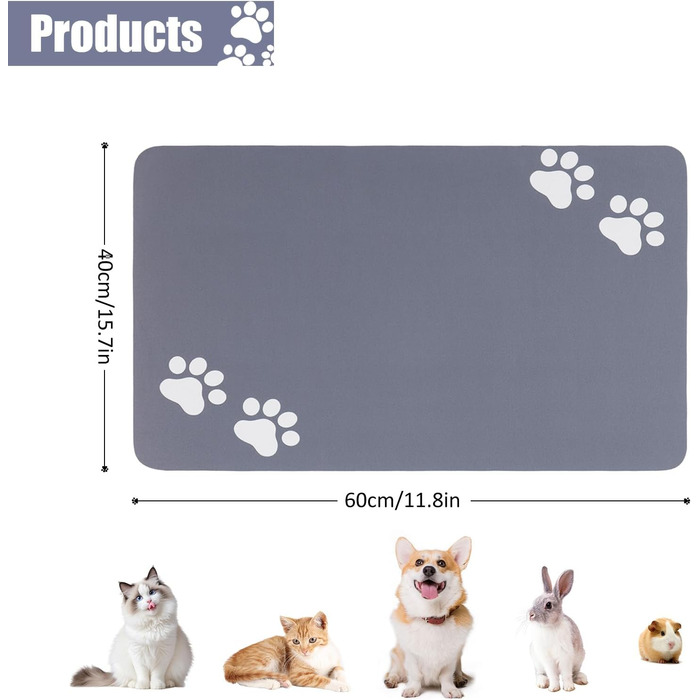Килимок під миски для собак та котів, суперпоглинаючий, нековзний, миючий, 40x60 см (Сірий)
