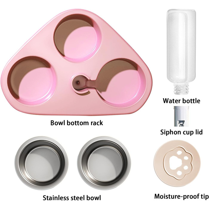 Миска для кота з нержавіючої сталі 3 в 1 з автоматичним дозатором води, подвійна миска для котів та собак (рожева)