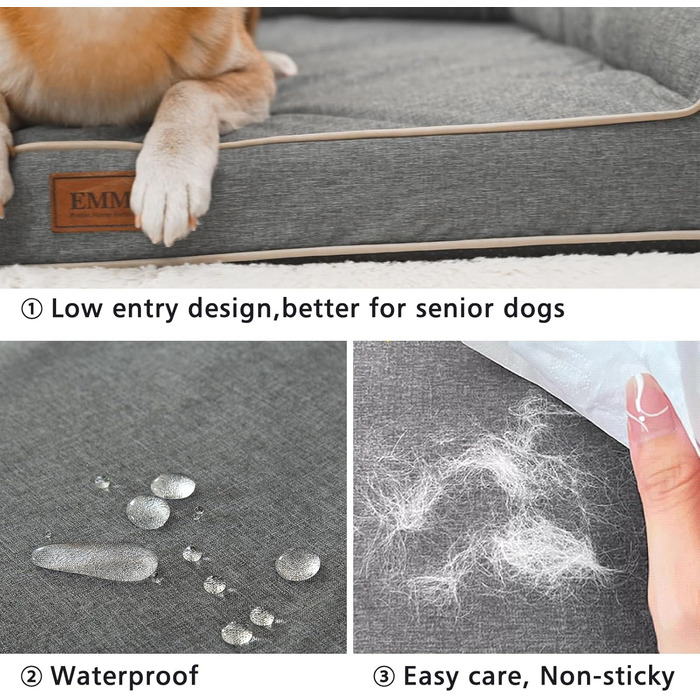 Ортопедичне ліжко для собак EMME, 68.6x50.8x17.8 см, водовідштовхувальне, з матрацом з піною з ефектом пам'яті, знімний, пральний чохол, сіре