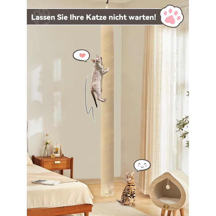 Кліматизатор для котів BSWAY 16x16x240 см, котяче канатне дерево, мішок з сизалю, котячий кліматизатор з гачками та наповнювачем