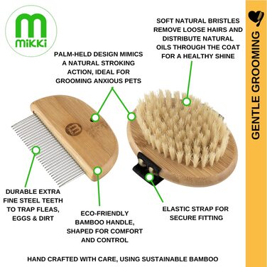 Набір для догляду за шерстю Міккі 6280004 для цуценят та молодих кошенят: щітка з щетиною та гребінець, для собак та котів, з бамбука, 130 г