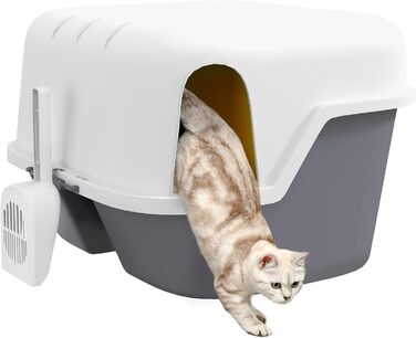 PawHut закрита котяча туалет з кришкою, пластиковий кремово-білий лоток із ситом і совком для маленьких котів до 3,5 кг, для дому