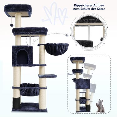 Кігтеточка XXL для мейн-куна, 168 см, з гамаком, сизаловим стовпом (φ11 см), коморою, корзиною, 2 платформами, EMPJ01M (димно-сірий)